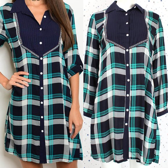 Plaid Button Down Dress 3/4 Roll Up Sleeve Mint Navy - Picture 1 of 8